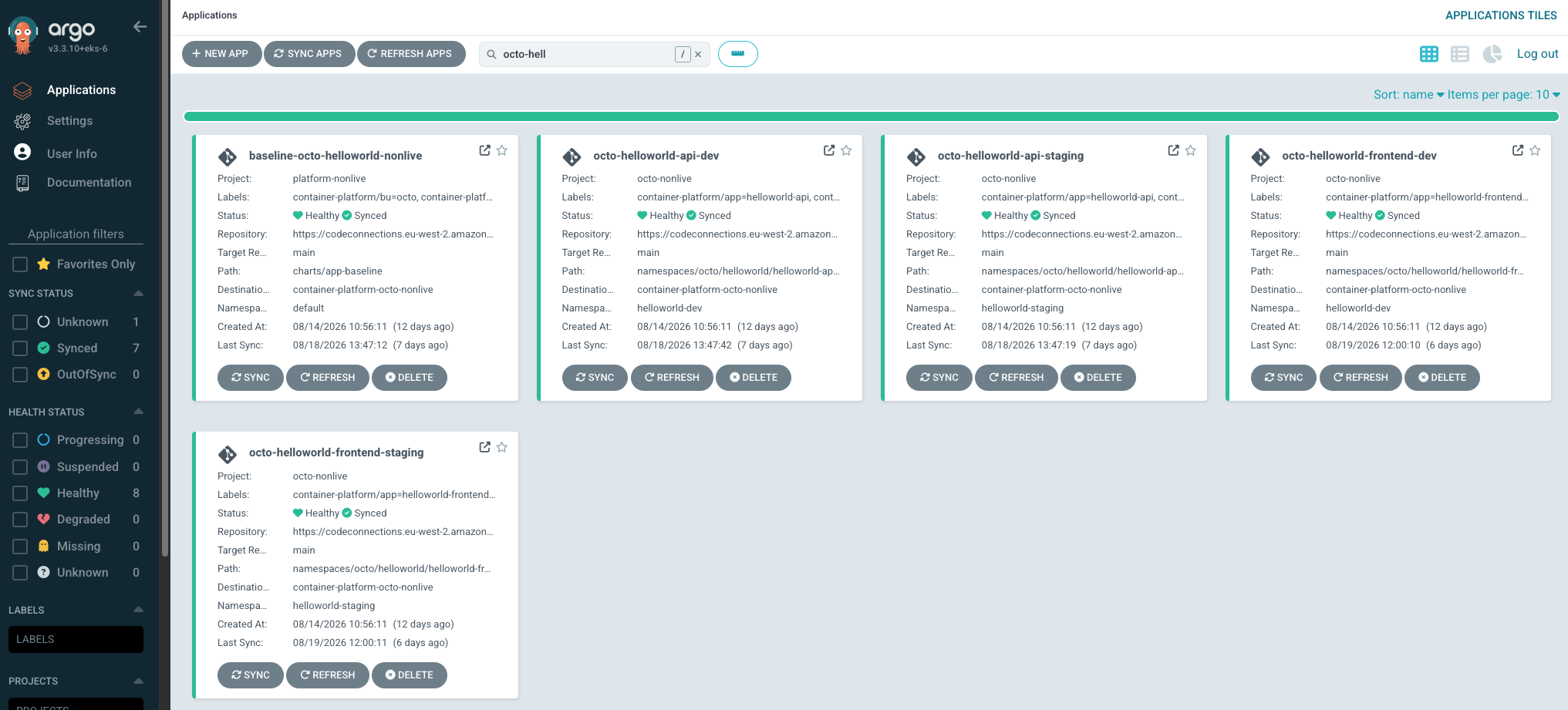 The ArgoCD Applications view listing Applications for a product, each showing its project, sync status and health status