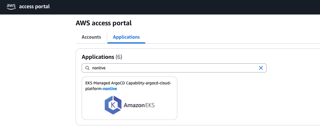 The AWS access portal Applications tab, filtered to "nonlive", showing the EKS Managed ArgoCD Capability for cloud-platform-nonlive